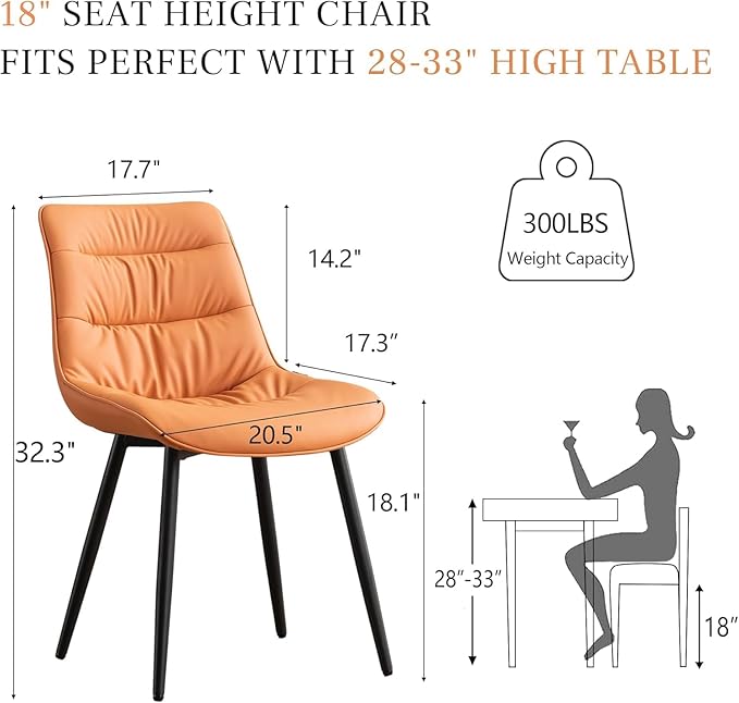 Kidol & Shellder Dining Chairs Set of 2, Modern Upholstered Faux Leather Kitchen Side Chairs with Comfortable Back - Mid-Century Armless Chair for Dining living Room Bedrooms, with Metal Legs (Orange)