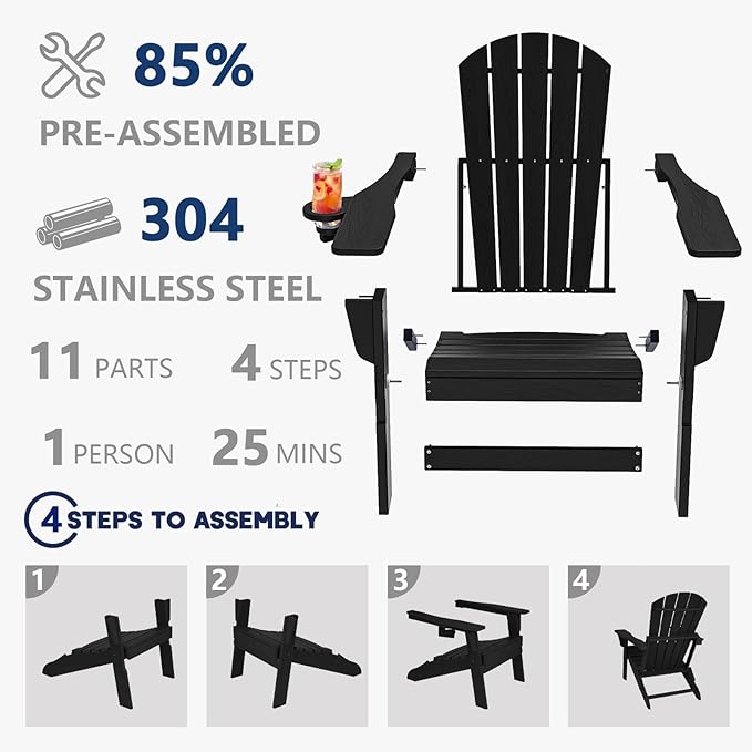 Plawdlik Folding Adirondack Chair, SGS Tested, Wooden Textured with Cup Holder, Heavy All-Weather HDPE Comfortable Set Poolside Backyard Lawn Black