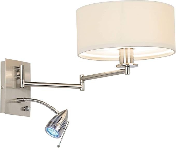 Possini Euro Design Tesoro Modern Swing Arm Wall Mounted Lamp Adjustable LED Brushed Nickel Plug-in Light Fixture Off White Drum Shade for Bedroom Bedside House Reading Living Room Home Hallway