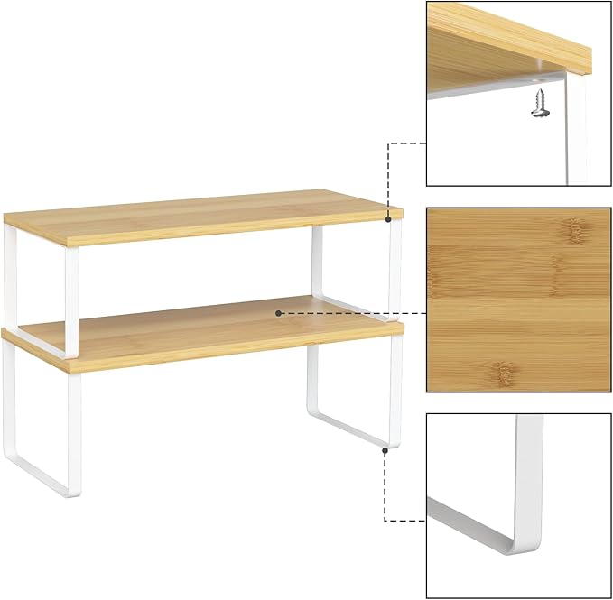 NEX Kitchen Cabinet and Counter Shelf Organizer, Stackable & Expandable, Set of 4, White and Natural - 7.7 x 15.6 x 6.2''