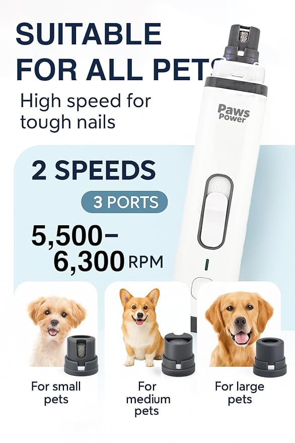 Dog Nail Grinder with LED Light – Quiet Pet Nail Trimmer for Dogs & Cats – 2-Speed Rechargeable Claw Grinder, 3 Ports for All Sizes – Electric, Low Noise, Safe Grooming Tool