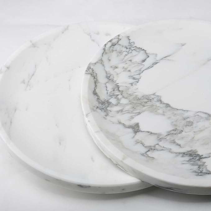 Marble Tray, White Bathroom Countertop, Decorative Serving Tray for Kitchen Counter and Coffee Table, Round Vanity Trays for Skincare and Perfume, Italian Statuario Natural Marble, 11.8