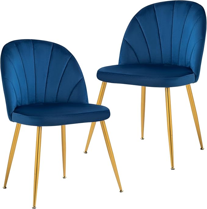 Velvet Dining Chairs Set of 2, Upholstered Mid Century Modern Dining Chairs, Armless Accent Chair with Metal Gold Legs for Living Room, Kitchen, Dining Room, Blue