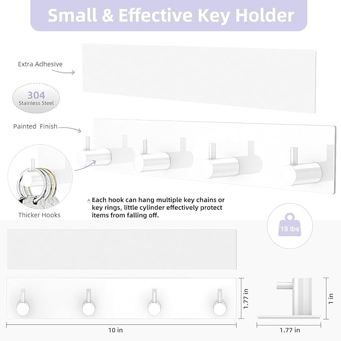 VIS'V Key Holder Wall Mount, Large Metal Self Adhesive Key Hanger with 4 Hooks, No Drilling, Extra Adhesive Strip, White
