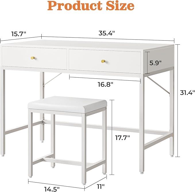 SUPERJARE 35.4" White Desk with 2 Drawers, Modern Makeup Vanity with Padded Stool, Small Computer Desk Home Office Desk for Writing Study Bedroom