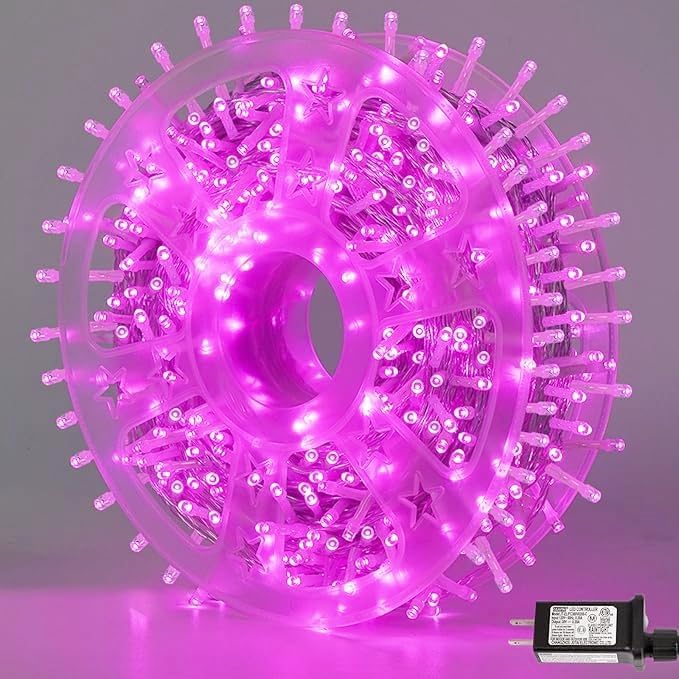 QITONG Pink Christmas Lights Outdoor, 165ft 500 LED String Lights Plug in, Clear Wire Twinkle Xmas Lights Indoor with 8 Modes