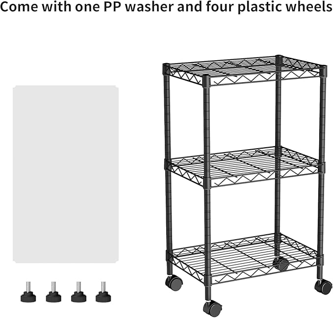 Small 3 Tier Shelves Storage Wire Shelving Unit Metal Shelf Adjustable Organizers Storage Shelving with Wheels for Bathroom Laundry Room Kitchen Pantry12”D x 18”W x 30.7”H Black