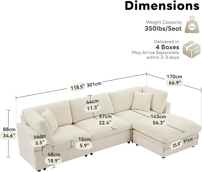 Tbfit Modern Sectional Sofa with Storage, Comfy Cloud Sectional Couch with Down-Filled Cushions, Sofa for Home, Living Room, Beige