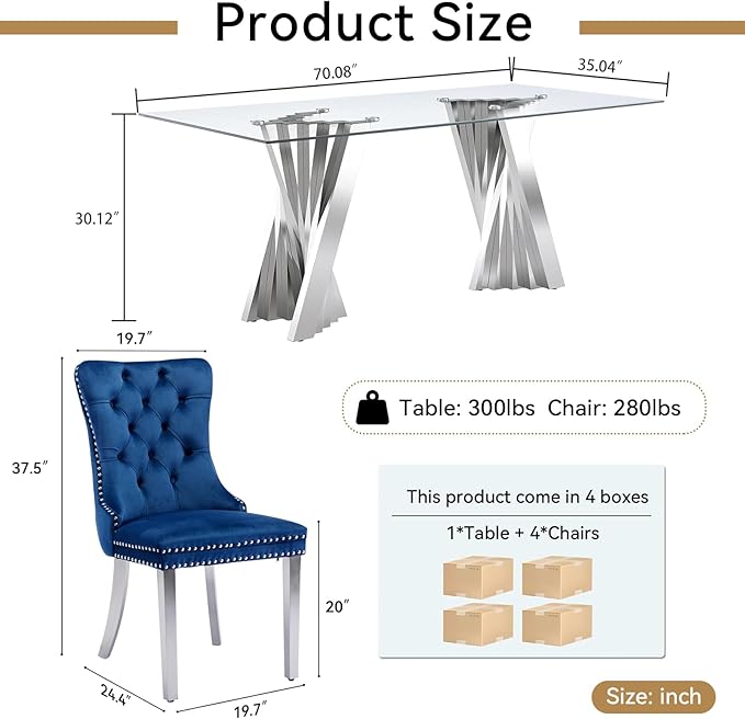 Goujxcy Modern 5 Piece Glass Dining Table Set Luxury Glass Kitchen Table and Chair Set for 4, 70" Large Rectangular Dining Room Table with 4 Tufted Chairs and Stainless Steel Legs (Silver & Blue)