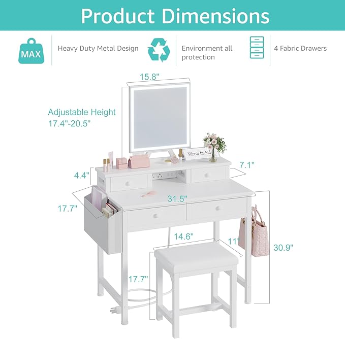 White Makeup Vanity Desk with Mirror and Lights, Vanity Set with Chair, Make Up Dresser Table with Drawers and Power Outlet for Girls Bedroom Small Space