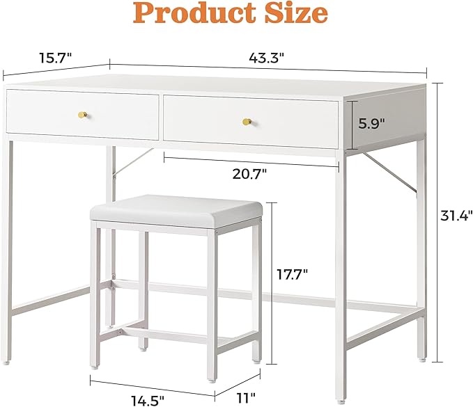 SUPERJARE 43-inch White Desk with 2 Drawers and Padded Stool, Modern Makeup Vanity & Computer Desk with Storage for Home Office, Bedroom Study