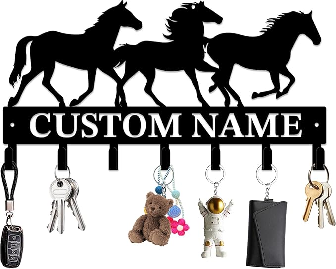 Personalized Custom Name Farm Horse Wall Key Hooks,Metal Horse Art Clothes Hooks,Metal Horse Wall Home Storage Decorative,For Front Door, Hallway, Kitchen, Bedroom,Keys,Hats (Style G)