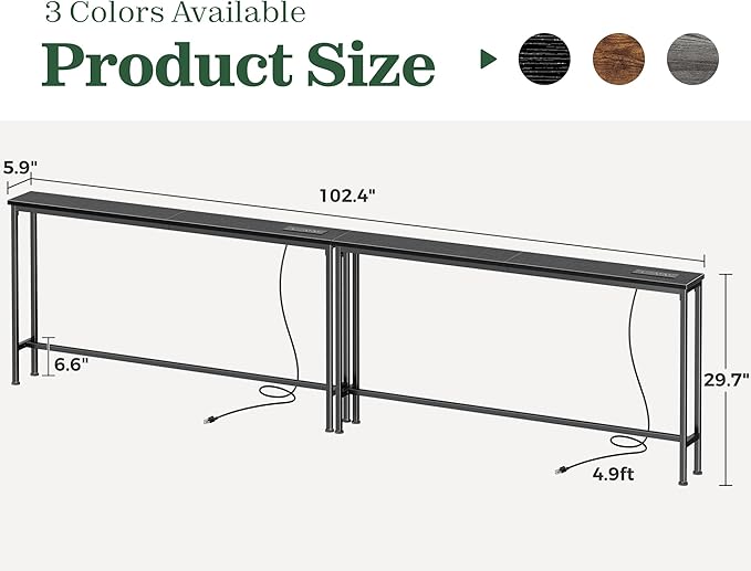 SUPERJARE 102.4 Inch Sofa Table with Power Outlets and USB-C Ports, 5.9 Inch Narrow Console Tables, Entryway Hallway Couch Tables with Storage, Behind Sofa, Small Spaces, Living Room, Black