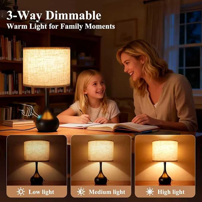ONEWISH Touch Bedside Lamp for Bedroom, 3-Way Dimmable Table Lamps for Nightstand with Cylindrical Fabric Shade, Desk Lamp for Living Room, End Tables, Home Office