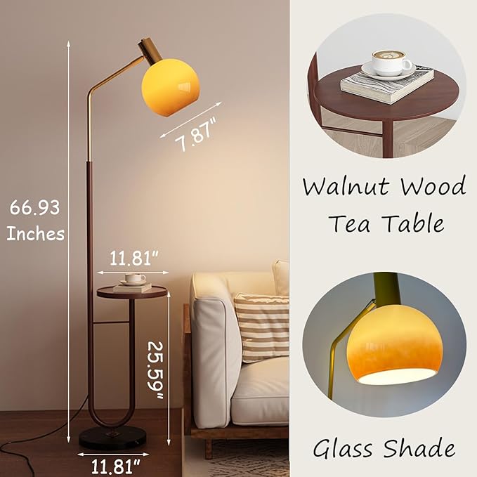 MIXL-Rustic Floor Lamp with Table,Glass Shade Floor Light with Foot Switch,Art Deco Bedside Reading Lamp,Mid Century Modern Standing Lamp for Study Room Office and Corner