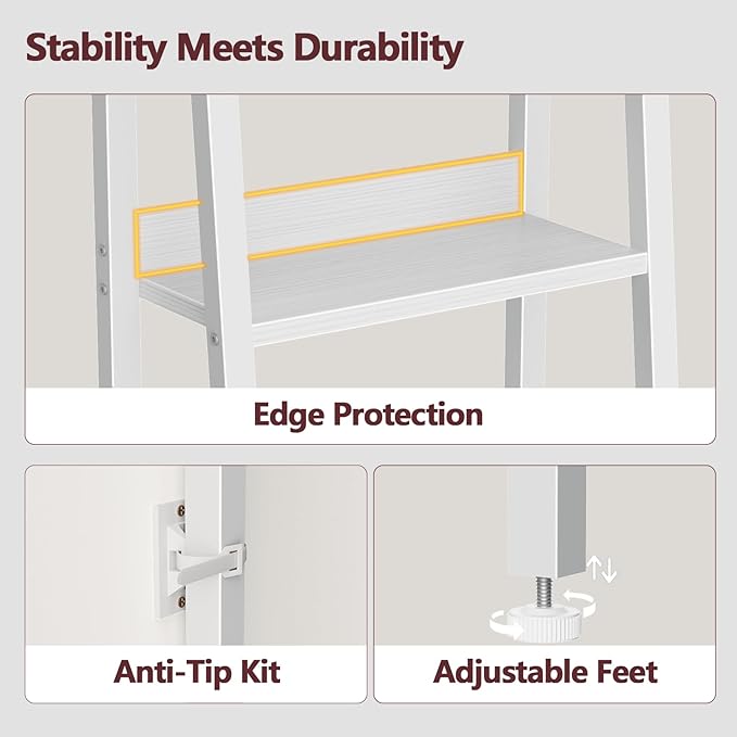 Furologee 6 Tier Ladder Shelf,Ladder Bookshelf with Drawer,Modern Tall Bookcase,Storage Rack Organizer,Wood Metal Freestanding Shelves for Living Room, Home Office, Bedroom, White