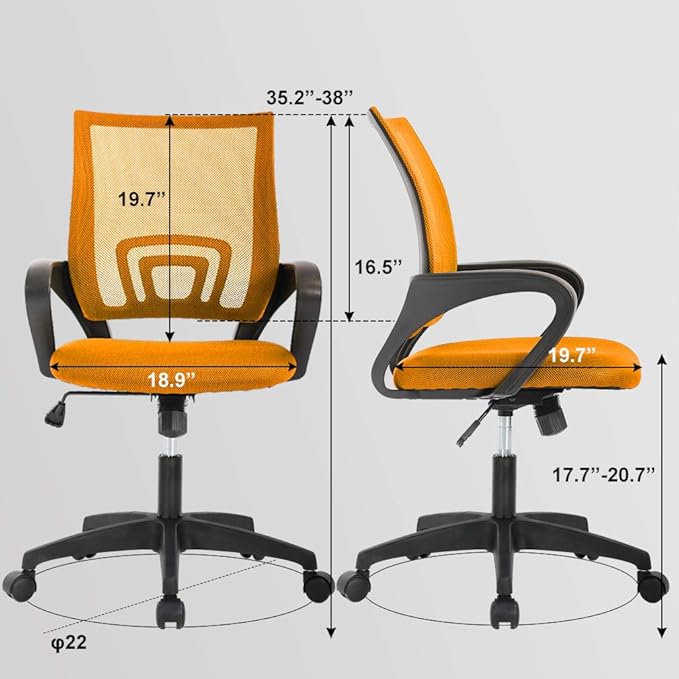 BestOffice | Ergonomic Office Chair | Mid-Back Swivel Desk Chair | Breathable Backrest & Lumbar Support | Adjustable Height | Sponge Seat | Rolling Wheels | Orange | for Adults & Women