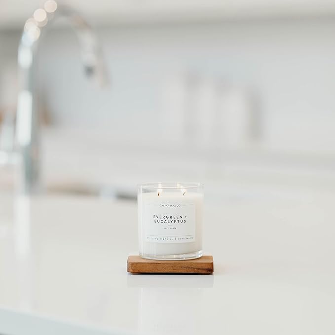 Calyan Wax Co. Evergreen & Eucalyptus 2 Wick Scented Candle - 37 Hour Burn - Luxury Non Toxic Soy Wax Candles - Long Lasting Large Glass Jar Candle for Home - 8.8oz