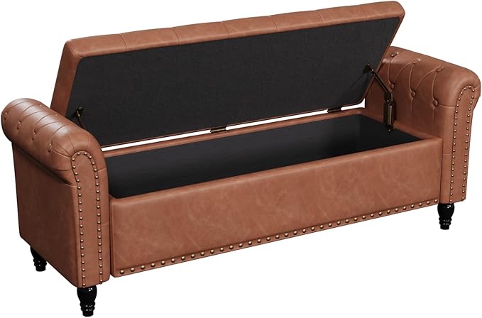 65 Inch Bedroom Bench, End of Bed Bench with Storage, Bed Benches for Foot of Bed, Faux Leather Window Bench with Tufted Button and Nailhead Trim, Upholstered Storage Bench with Rolled Arms, Brown