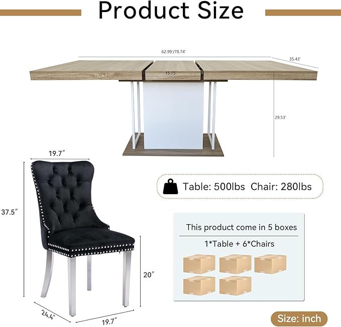 Goujxcy 78.7" Farmhouse Extendable Dining Room Table Set for 6, 7-Piece Rectangle Kitchen Dining Room Table Set with Wood Base and 6 Black Velvet Dining Chairs, Extending Kitchen & Dining Table Set