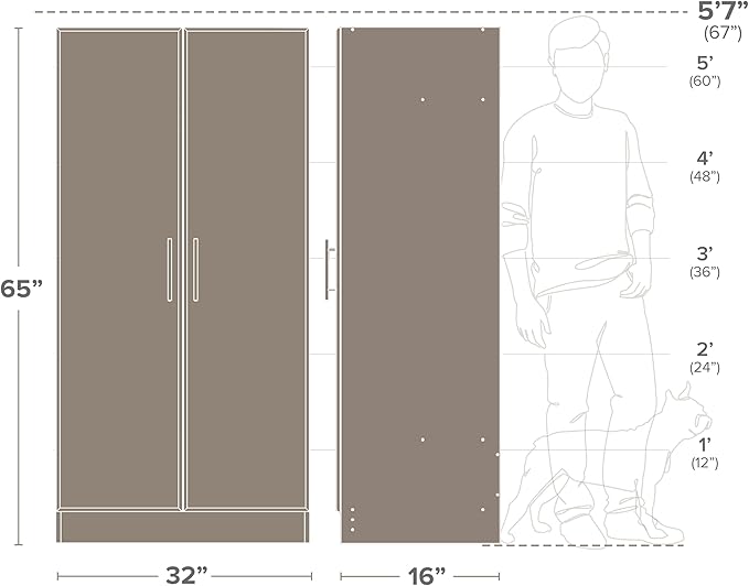 Prepac Elite Tall Garage Storage Cabinet & Pantry Storage Cupboard, 2-Door Freestanding Bathroom or Pantry Cabinet with Adjustable Shelves, 16" D x 32" W x 65" H, White