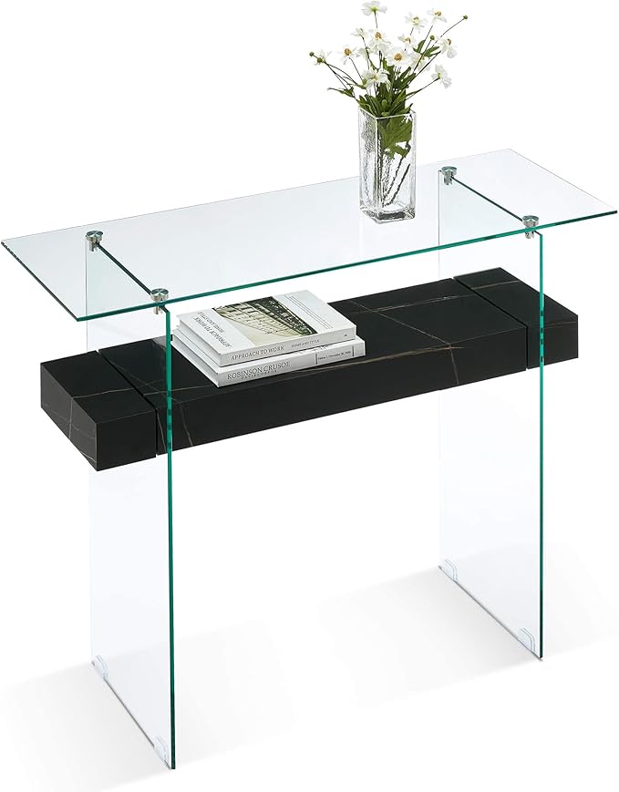 ivinta Glass Console Table with Storage, 39.4" Modern Sofa Table for Living Room, Foyer, Hallway, Bedroom 5101 (Black)