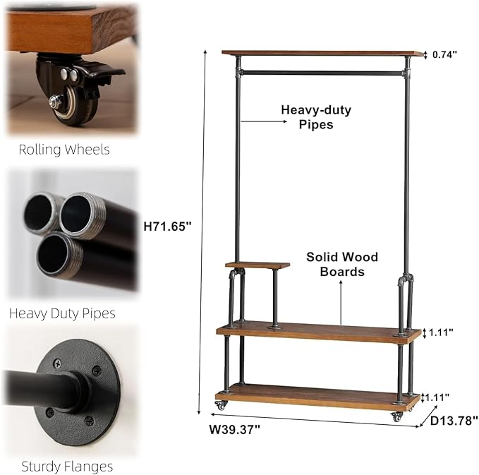 Industrial Clothing Rack, Pipe Style Rolling Garment Rack, Heavy Duty Steampunk Clothes Rack, Hall Tree on Wheels with Shelf and Shoes Storage for Home, Retail Store, Rustic Wood