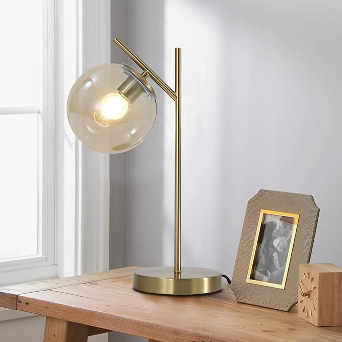 Mid Century Modern Table Lamp, Gold Globe Nightstand Lamp with Cognacs Glass Shade, Metal Brass Desk Lamp for Bedroom Living Room Study Room