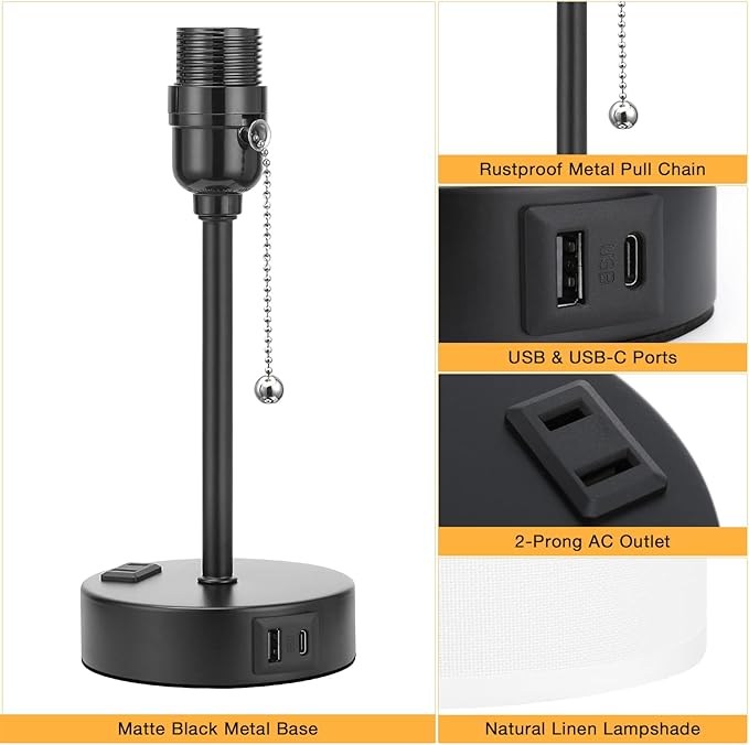 Small Bedside Table lamp for Bedroom - 3 Color Temperatures Bedside Lamps with USB C and A Ports, Pull Chain Table Lamps with AC Outlet, White Nightstand Lamps with Black Metal Base for Kids Reading
