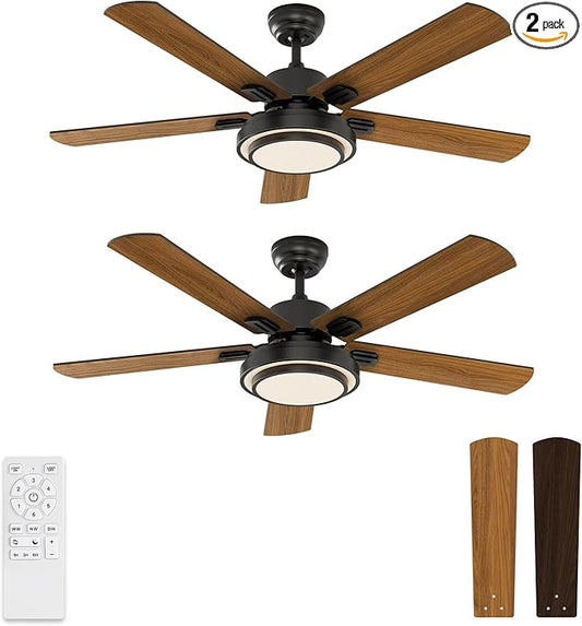 warmiplanet Ceiling Fans with Lights and Remote Control, 52 Inch, 6 Speeds Reversible DC Motor, 3 Color Dimmable Light, Timer, Noiseless, Black/Dark Walnut, 5 Blades, 2 Pack