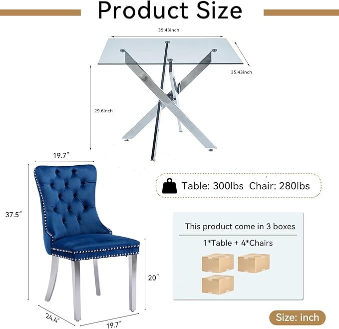 Goujxcy Glass Dining Table Set for 4, Modern Kitchen Table and Chairs Set of 4, 5-Piece Kitchen Dining Room Table Set w/36 Square Silver Glass Dining Table and 4 Blue Velvet Upholstered Chairs