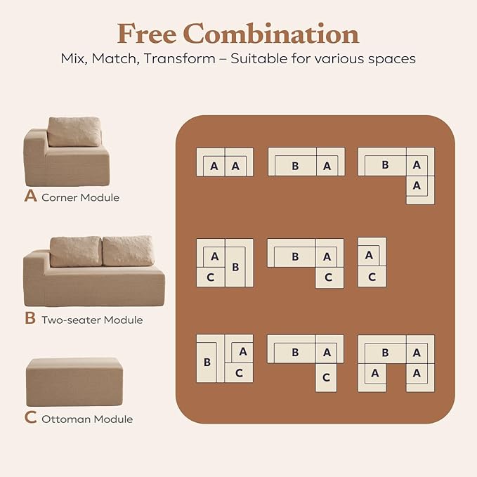 Loveseat Sofa, Cloud Modular Sofa Couch, Upholstered Floor Sofa with Deep Seat, Upholstered Foam Couch for Bedroom Living Room, No Assembly Required (Teddy Boucle, Camel)