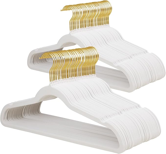 ManGotree Velvet Coat Hangers with 360° Swivel Gold Hook, Non-Slip Felt Suit Hangers, Ultra-Thin Space Saving Clothes Hanger for Jacket, Sweater, Shirt, Dress, Pants (66 Pack, White)