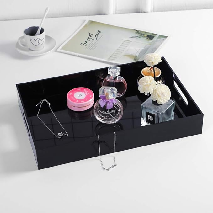 Sooyee Acrylic Serving Tray with Handles,16" x 12" Decorative Tray for Breakfast, Tea, Food, Butler,Coffee,Table Ottoman Vanity Countertop,Black