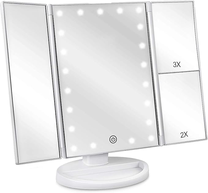 deweisn Floor Mount Tri-Fold Lighted Vanity Mirror with 21 LED Lights, Touch Screen and 3X/2X/1X Magnification, Two Power Supply Modes Make Up Mirror,Travel Mirror