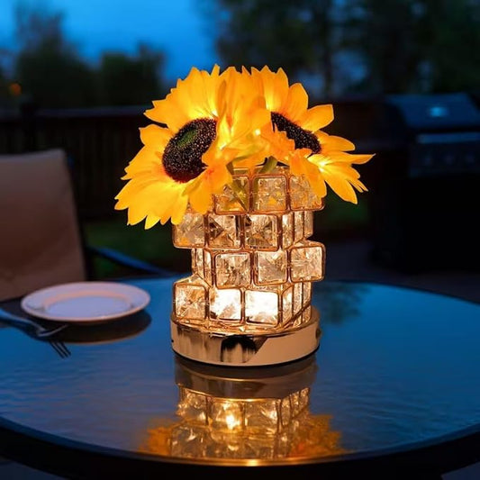 Crystal Cube LED Night Light with Sunflower Vase, USB Rechargeable Table Lamp, 3 Color Modes, Touch Control, Decorative Accent Light for Bedroom, Home (Rubik's Cube Crystal (Sunflower))