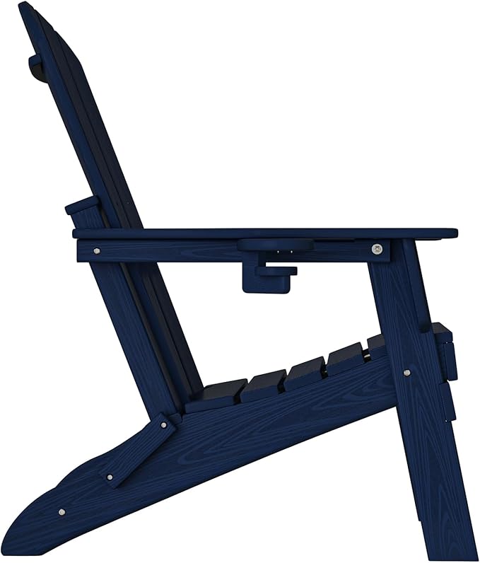 Plawdlik Folding Adirondack Chair, SGS Tested, Wooden Textured with Cup Holder, Heavy All-Weather HDPE Comfortable Set Poolside Backyard Lawn Navy Blue