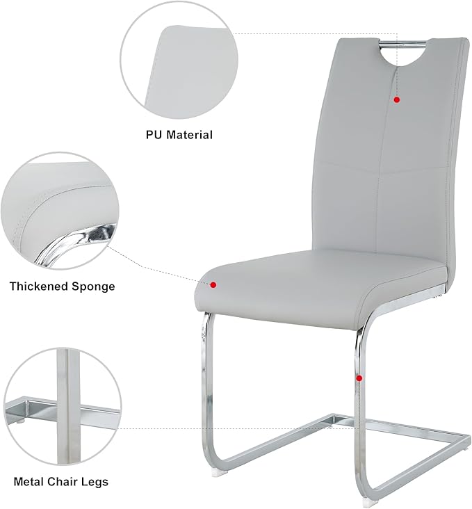 Modern Glass Dining Table Set for 4, Silver Glass Kitchen Table and Chairs Set of 4, 5 Piece Dining Room Table Set with 61" Rectangular Metal Glass Dinner Table and 4 Grey Leather Dining Chairs