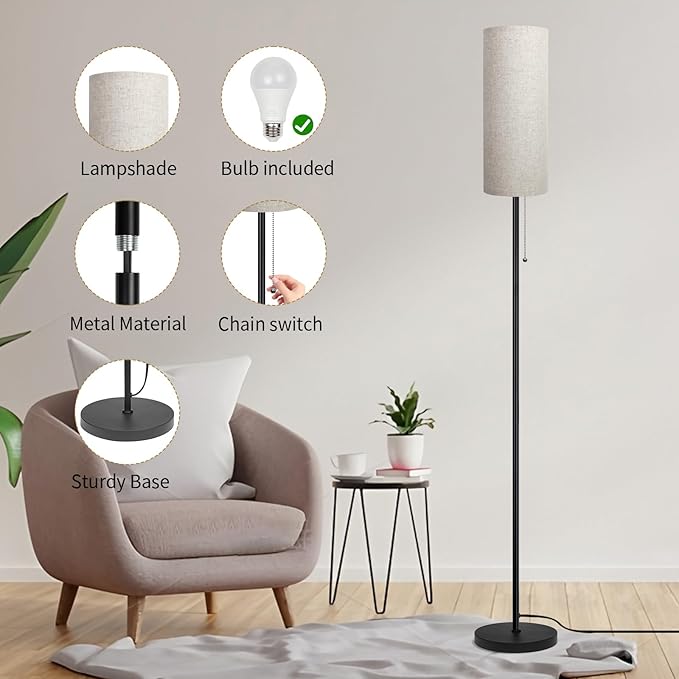 Floor Lamp for Living Room, Modern Standing Lamps with Lampshade, Minimalist Tall Lamp with Chain Switch for Living Room, LED Bulb Included (Beige Shade)