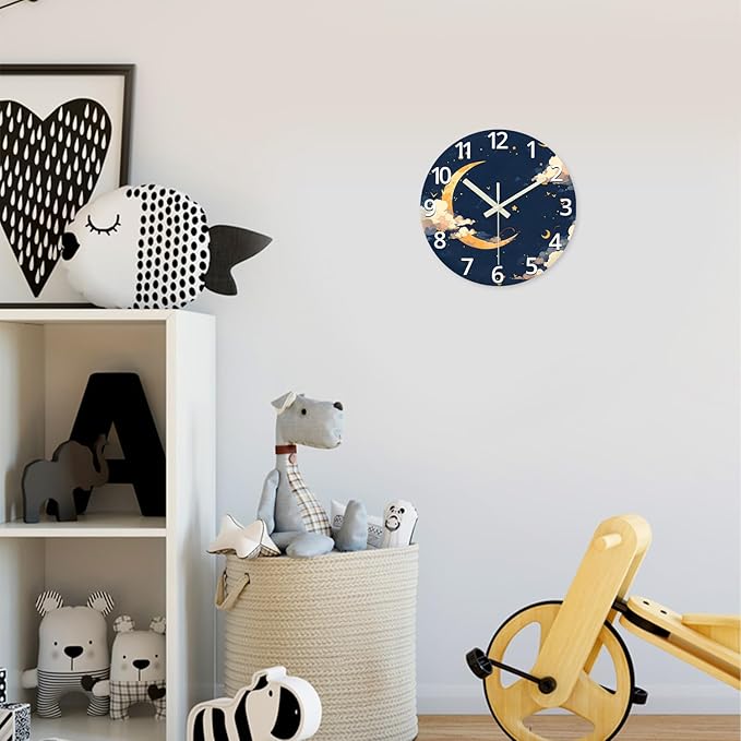 Moon Battery Powered Clock Analog 12 Inch Round Glow in The Dark Wall Clock for Kids Bedroom Small Wall Clock Silent