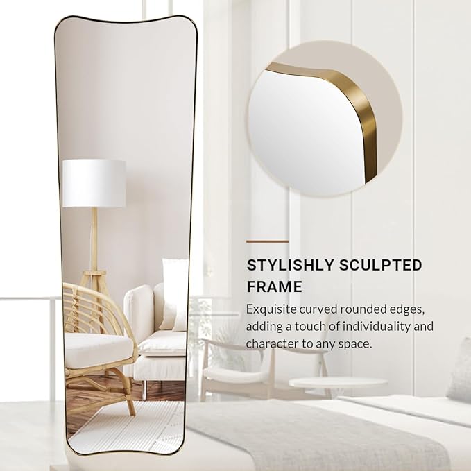 ANDY STAR 21" x 64" Full Length Mirror, Decorative Full Body Mirror with Stainless Steel Thin Frame, Italian Curved Edge Design, Wall Mountable or Leaning for Bedroom, Cloakroom, Brushed Gold