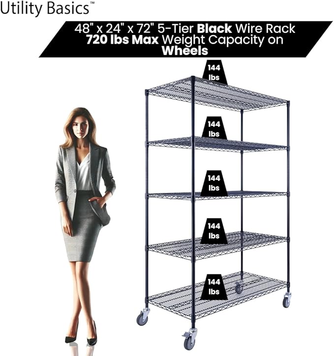 NSF Commercial 5-Tier Wire Shelving with Wheels, 48"x24"x72" Heavy Duty Metal Shelves 4000 lbs Max Capacity, Black Storage Rack for Garage Kitchen Pantry Warehouse