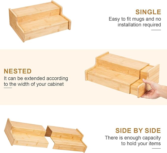 2-Tier Expandable Coffee Mug Holder, Mug Organizer for Kitchen Cabinets, Bamboo Mug Cup Rack, Multi-Functional Cup Holder Shelf, Coffee Bar Organizer, Home