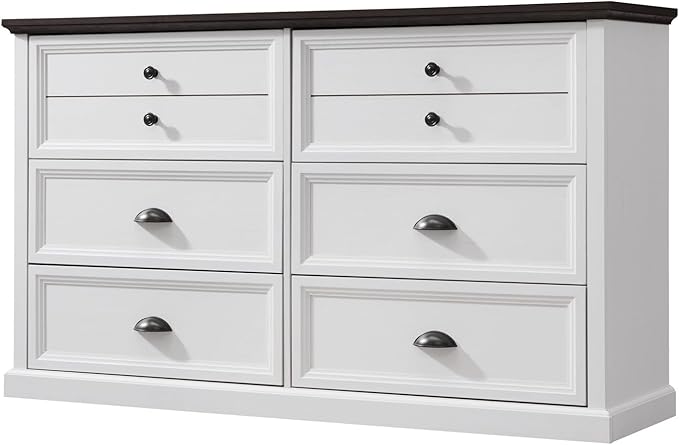 Farmhouse 6 Drawers Dresser for Bedroom, 58" Wide Dresser Chest of Drawers Organizer Storage, Wood Rustic Chest for Closet w/Two Different Drawer Sizes for Living Room, Hallway, White