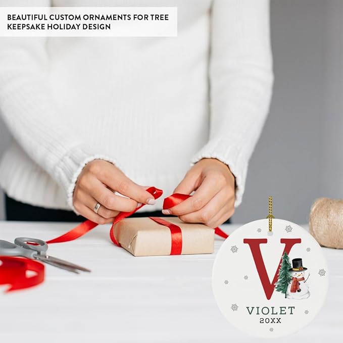 Andaz Press Personalized Ornament, Custom Name, Initial V Monogram Snowman 2.8" Ceramic Porcelain 2025 Christmas Ornament Keepsake for Kids, Boys, Girls, Includes Gold Ribbon & Gift Box, 1-Pack