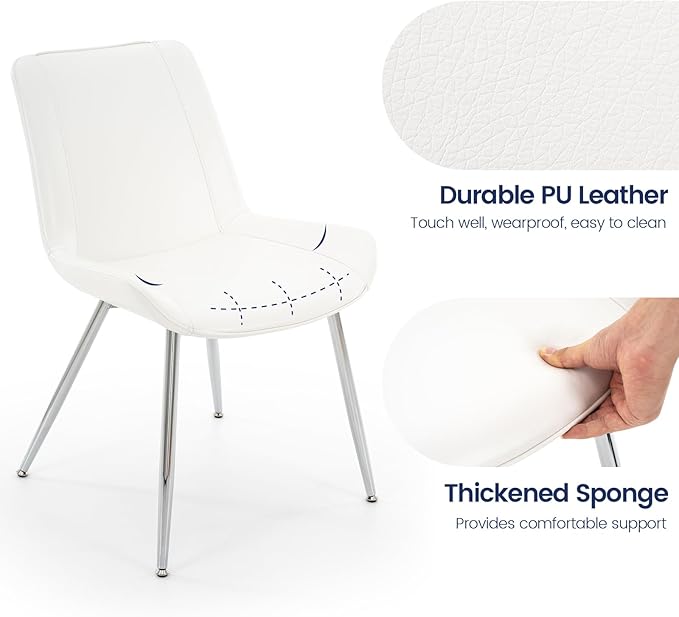 Brage Living Dining Chairs Set of 2, PU Leather Modern Armless Kitchen Dining Room Chairs, Upholstered Accent Side Chairs with Metal Legs (White with Silver Legs)