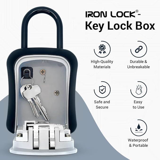 Iron Lock® Key Lock Box Portable with U-Shackle & Wall Mount – Medium Waterproof Heavy-Duty Metal Safe with 4-Digit Combination for Spare Keys Outside on Door Knob, Fence or Gate (Grey, Medium)
