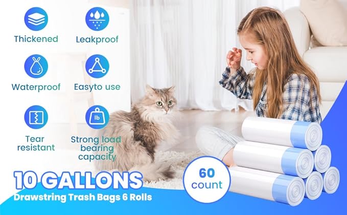 60 Pack Jumbo Cat Litter Bags - 3MIL Extra Thick Leakproof Litter Box Liners, 31"x18" Heavy Duty Drawstring Cat Litter Liners for Automatic Litter Box, Odor Control Disposable Kitty Litter Bags 6 Roll