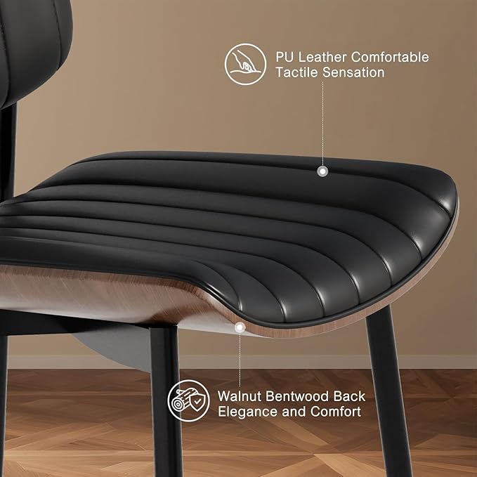 Modern Green Leather Dining Chair Set of 6, Bentwood Backrest & Black Metal Frame Ergonomic Comfort, Sustainable Style, Multi-Space Versatile, Black