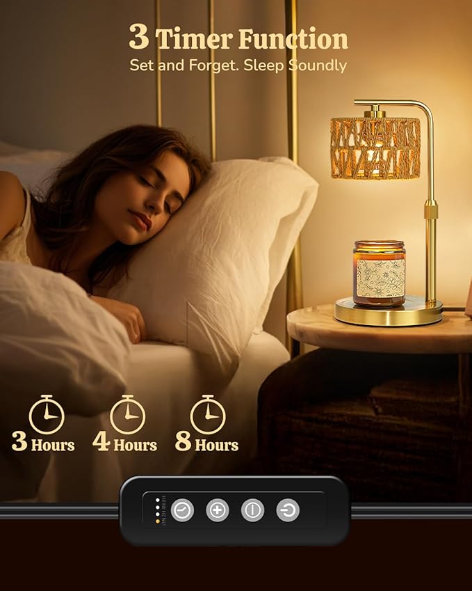 Candle Warmer Lamp with Timer, Dimmable Candle Warmer for Jar Candles, Height Adjustable Candle Lamp Warmer, Boho Rattan Lampshade and 2 Bulbs, Gift for Home Room Decor, Gifts for Women Mom (Gold)